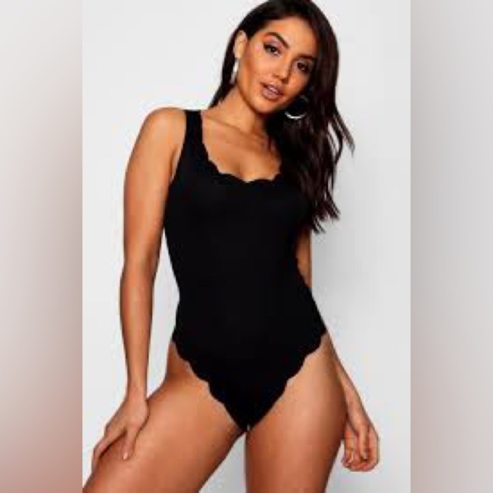 Black, scalloped body suit
